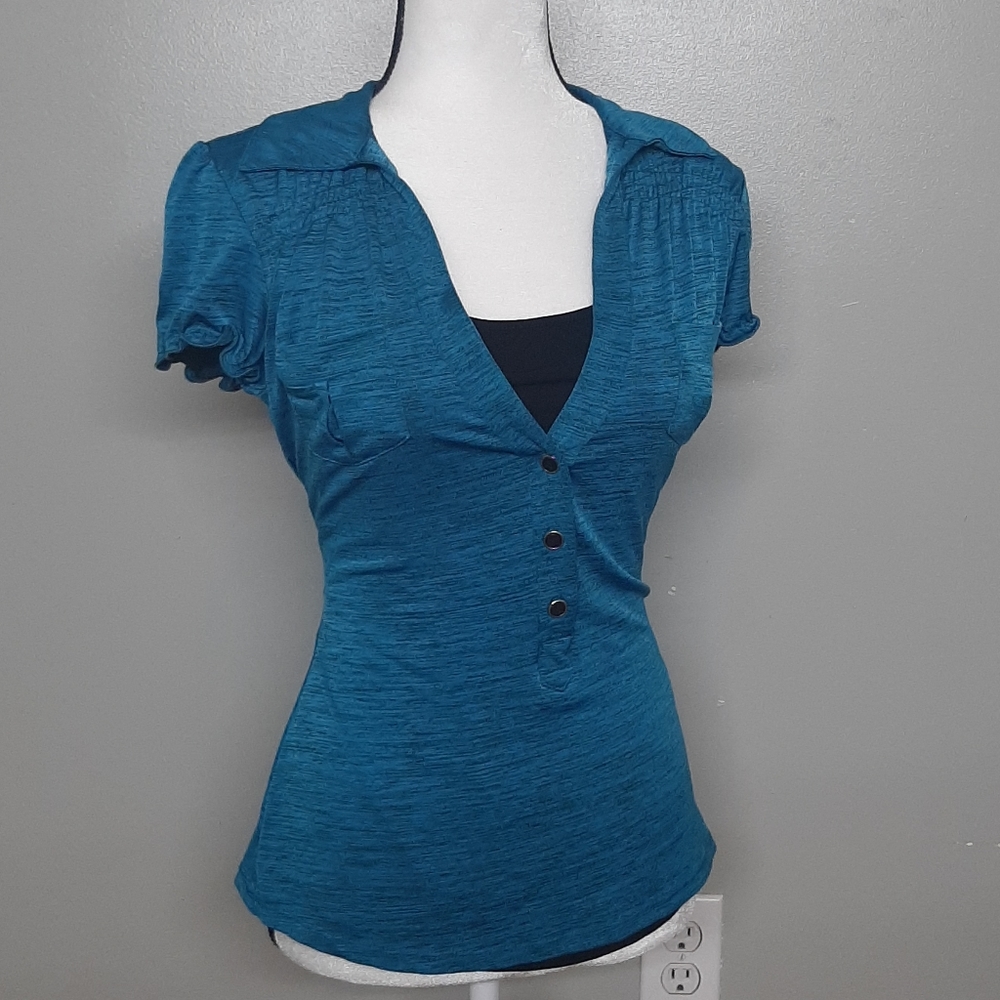 Speechless Blue & Black Button Up Blouse